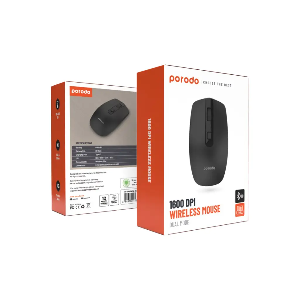 Porodo Keybord & Mouse Wireless Mouse 1600DPI Black [PD-WBRM16-BK].webp