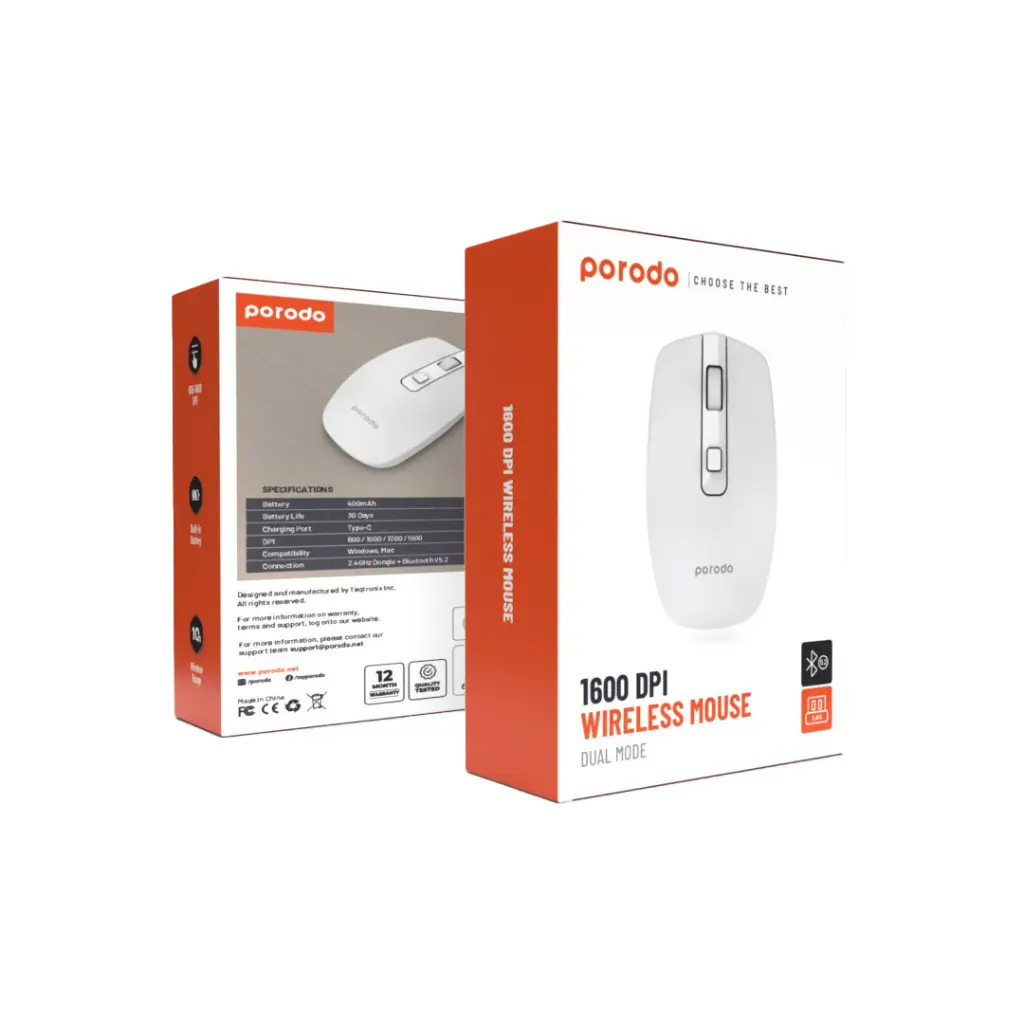 Porodo Keybord & Mouse Wireless Mouse 1600DPI White [PD-WBRM16-WH].webp
