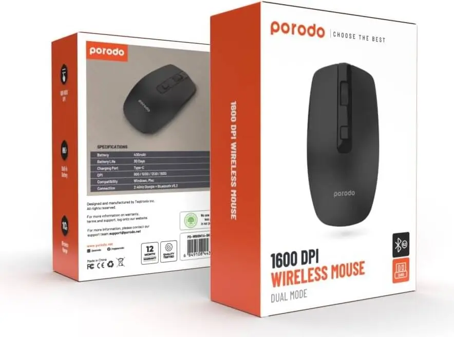 PORODO 2.4G Wireless and Bluetooth Rechargeable Mouse DPI 1600