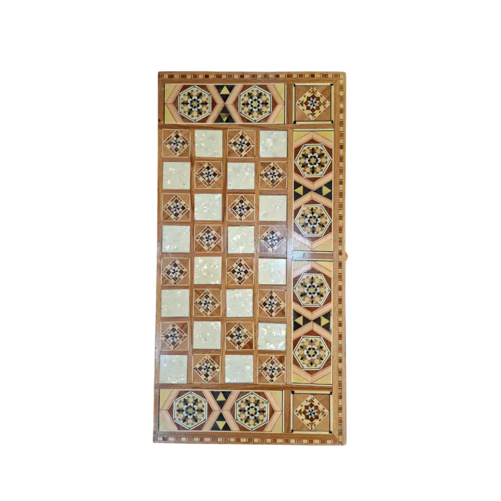 Decorative Wooden Backgammon Set – Mosaic-Style Board with Dice & Playing Pieces