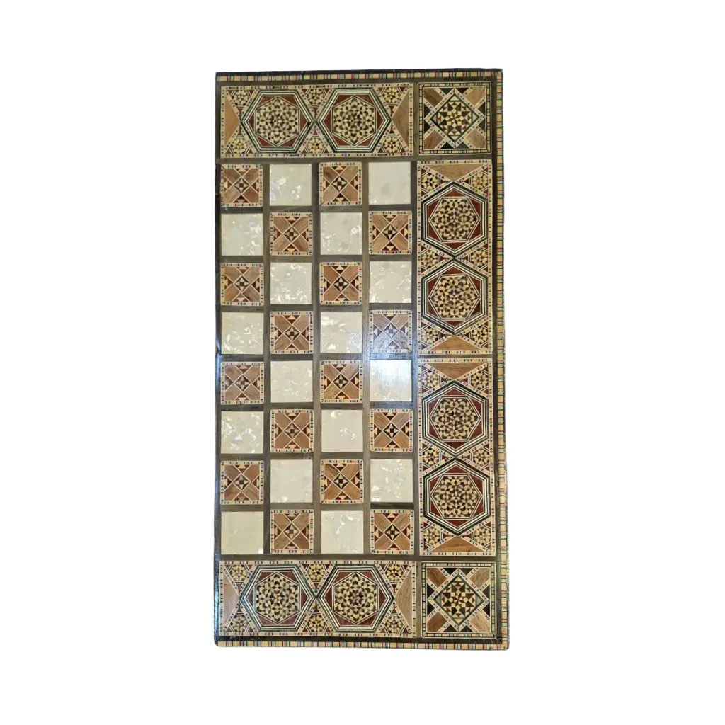Traditional Wooden Backgammon Set – Mosaic-Inspired Board with Dice & Playing Pieces