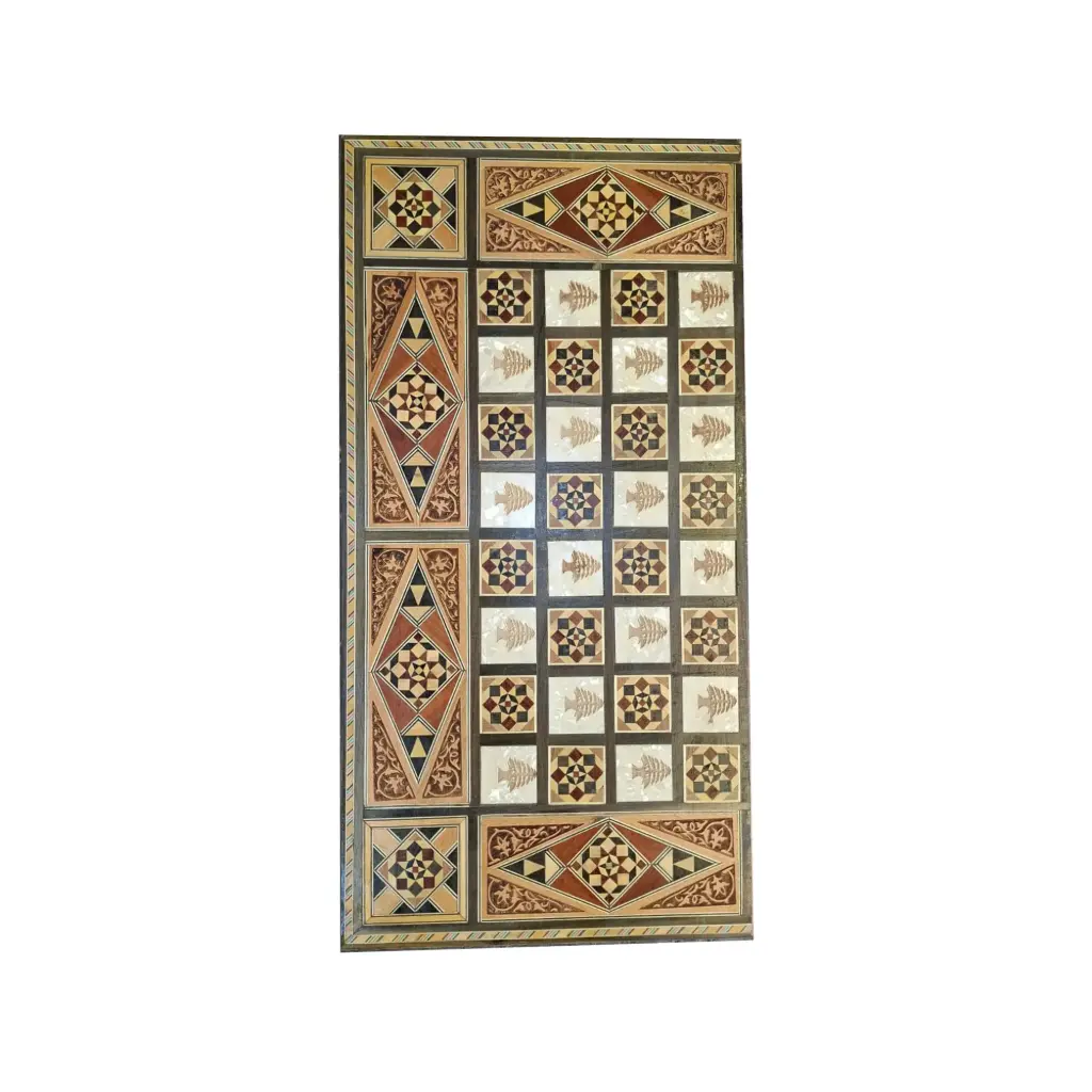 Traditional Decorative Backgammon Set – Wooden Mosaic-Style Board with Dice & Playing Pieces