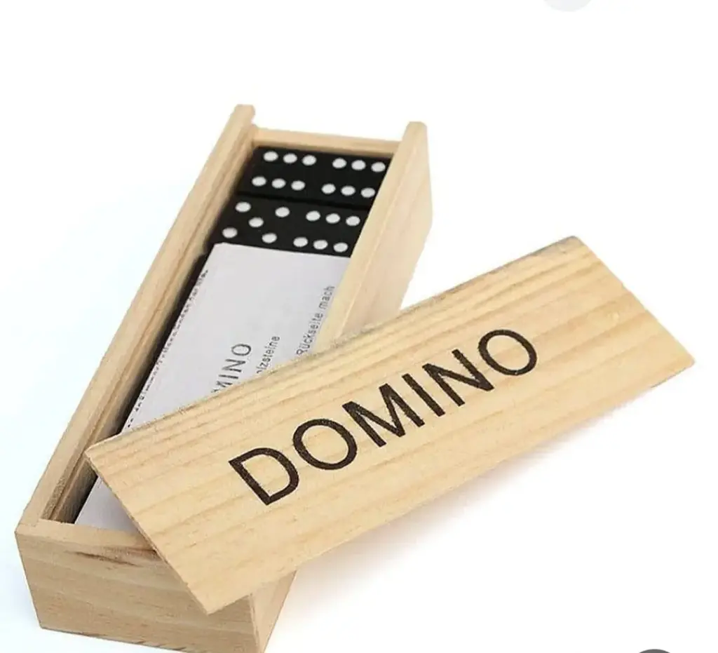 Wooden Domino Game Set With Black Domino Tiles in Storage Box - Classic Family Board Game