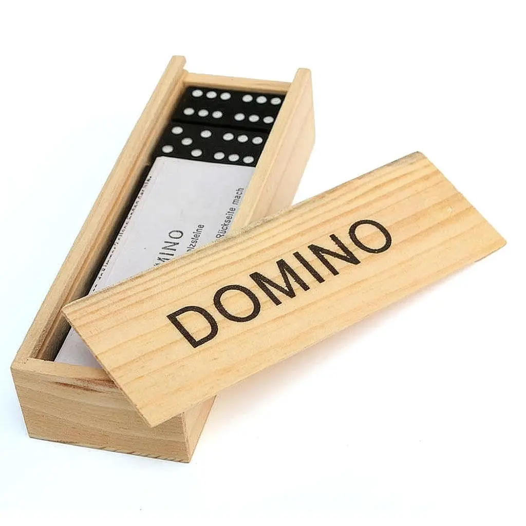 Wooden Domino Game Set with Black Domino Tiles & Storage Box – Classic Family Table Game