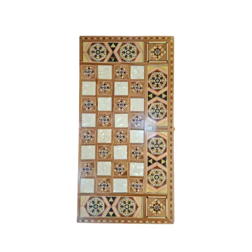 Decorative Wooden Backgammon Set – Mosaic-Style Board with Dice & Playing Pieces